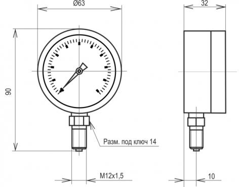 Габаритные и установочные размеры манометра МТ-2У