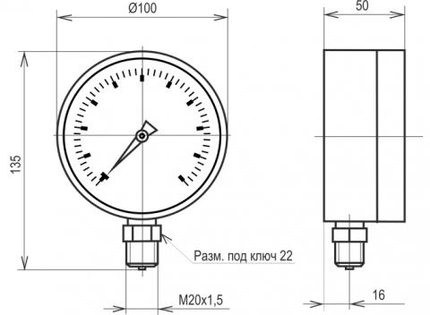Габаритные и установочные размеры манометра МТ-3У