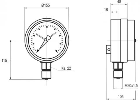 Габаритные и установочные размеры манометра МТ-4С