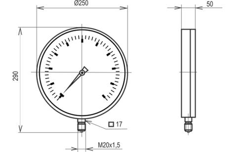 Габаритные и установочные размеры манометра МТ-5У
