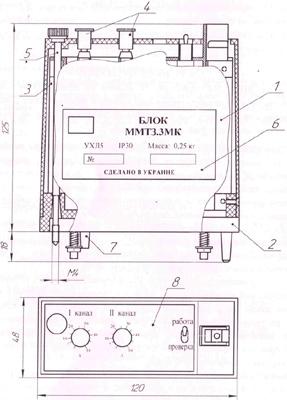 Рис.1. Схема блока ММТЗ, где: 1 - кожух, 2 - основание, 3 - плата, 4 - регулятор установок, 5 - винт, 6,8 - таблички, 7 - ключ