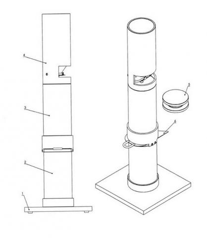 Рис.1. Чертеж пурки ПХ-3, где: 1.Стол ; 2. Мерка; 3.Наполнитель; 4.Цилиндр насыпки; 5.Падающий груз; 6.Нож; 7. Сумка для переноски (с отсеком для весов).