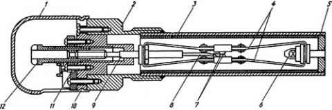 Рис. 1. Схема составных деталей температурного реле ТР-200 1 - колпачок; 2 - корпус; 3 - трубка; 4 - пружины; 5 - донышко; 6 - ось; 7 - контакты; 8 - провод; 9 - тяга; 10 - головка; 11 - фиксатор; 12 - регулировочный винт