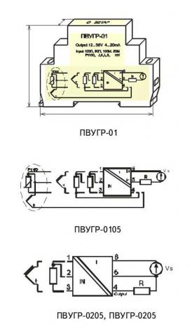 Схемы подключения преобразователей ПВУГР-0105, ПВУГР-0205, ПВУГР-0305